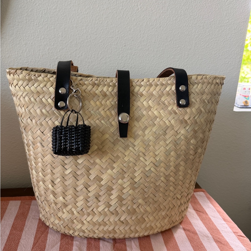 Woven Straw Tote Bag with Black Leather Handles